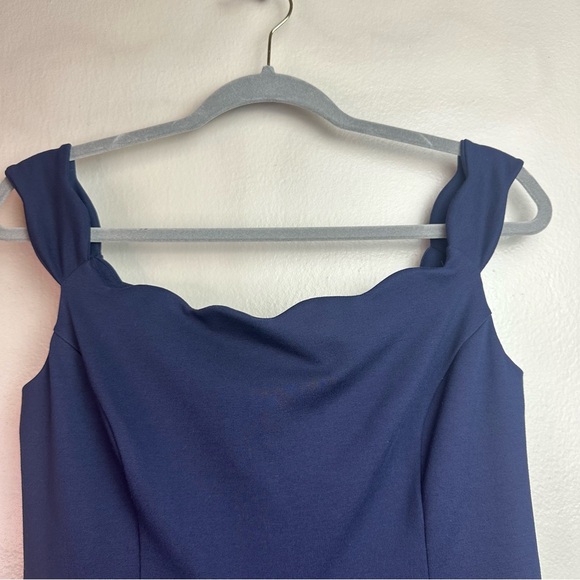 ModCloth Navy Scalloped Collar Off the Shoulder Fit and Flare Dress Sz Lg - Picture 2 of 8